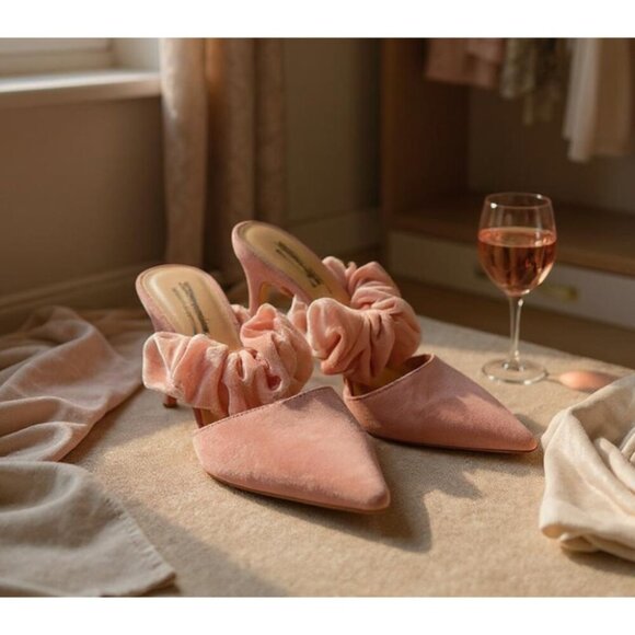 Kate Spade Pink Velvet Scrunch Strap Heels | Pointed Toe Mules Size 5.5 - Picture 1 of 6